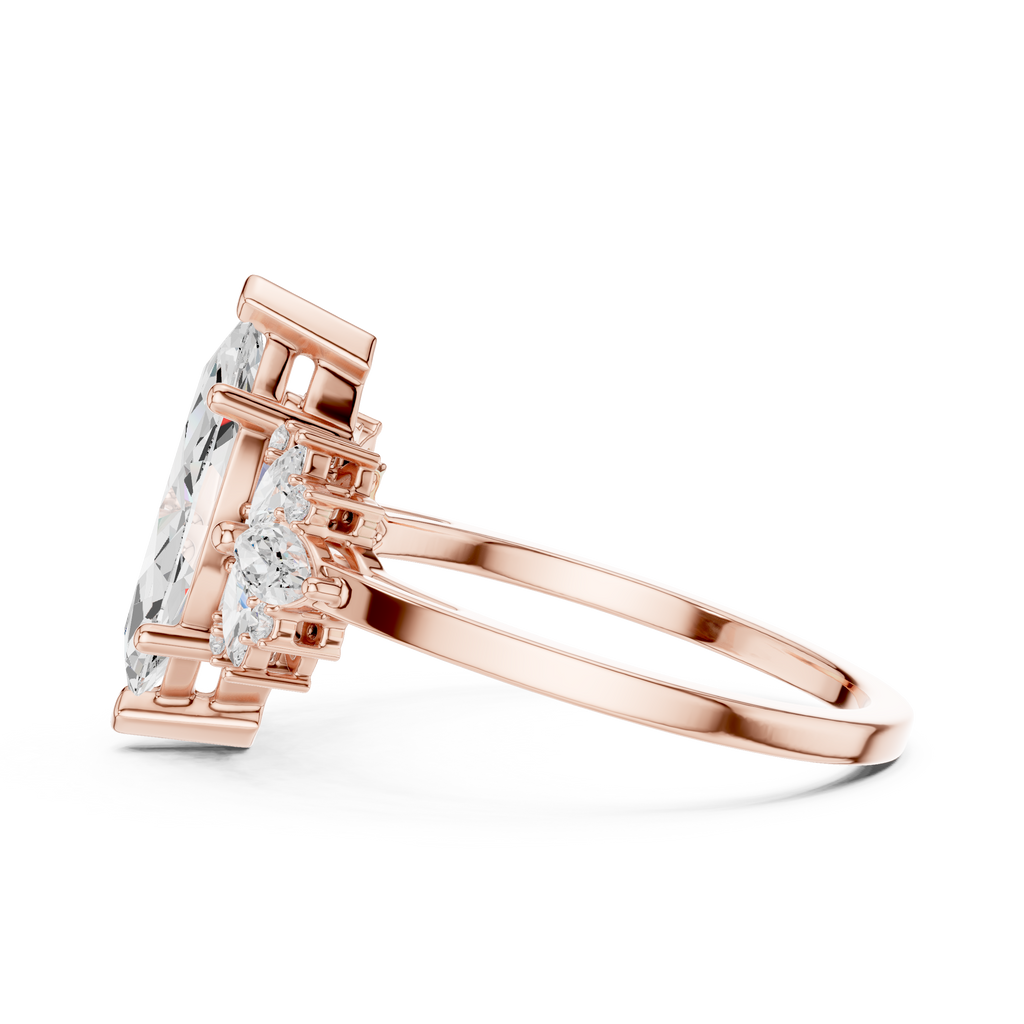 Rose gold ring with pear-shaped diamond on a white background