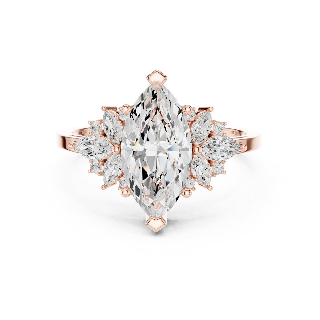 Marquise moissanite halo ring in rose gold front view elegant sparkle