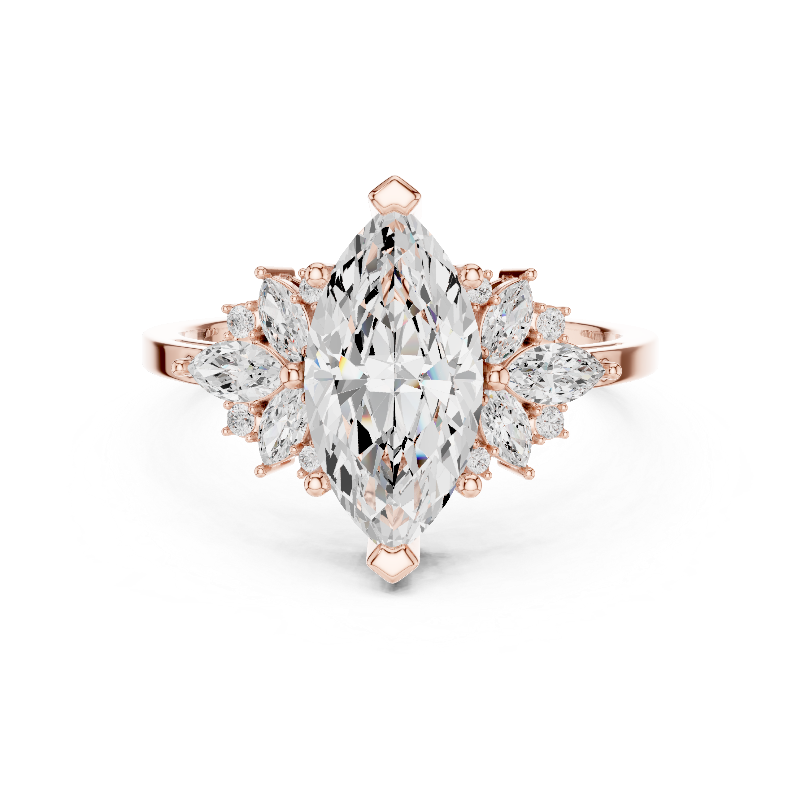 Marquise moissanite halo ring in rose gold front view elegant sparkle