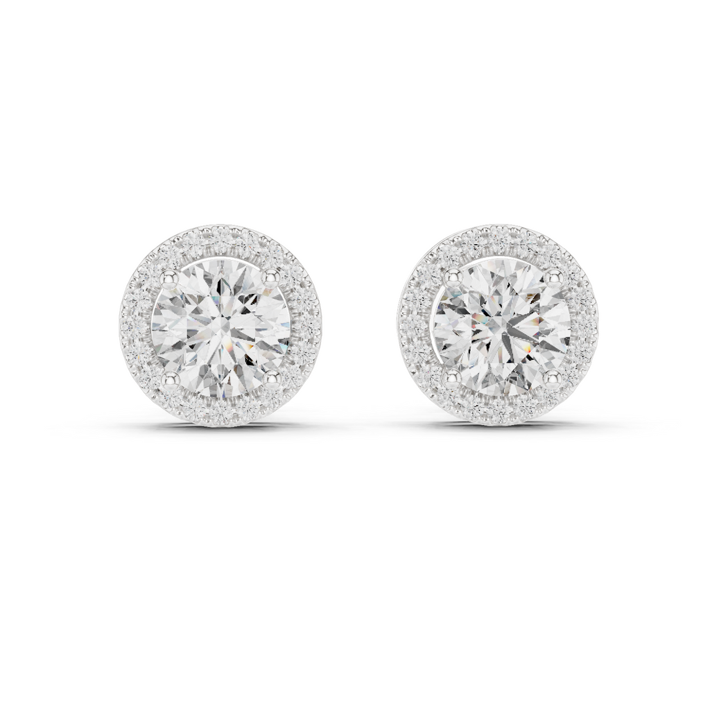 White gold round halo stud earrings front clean elegant look