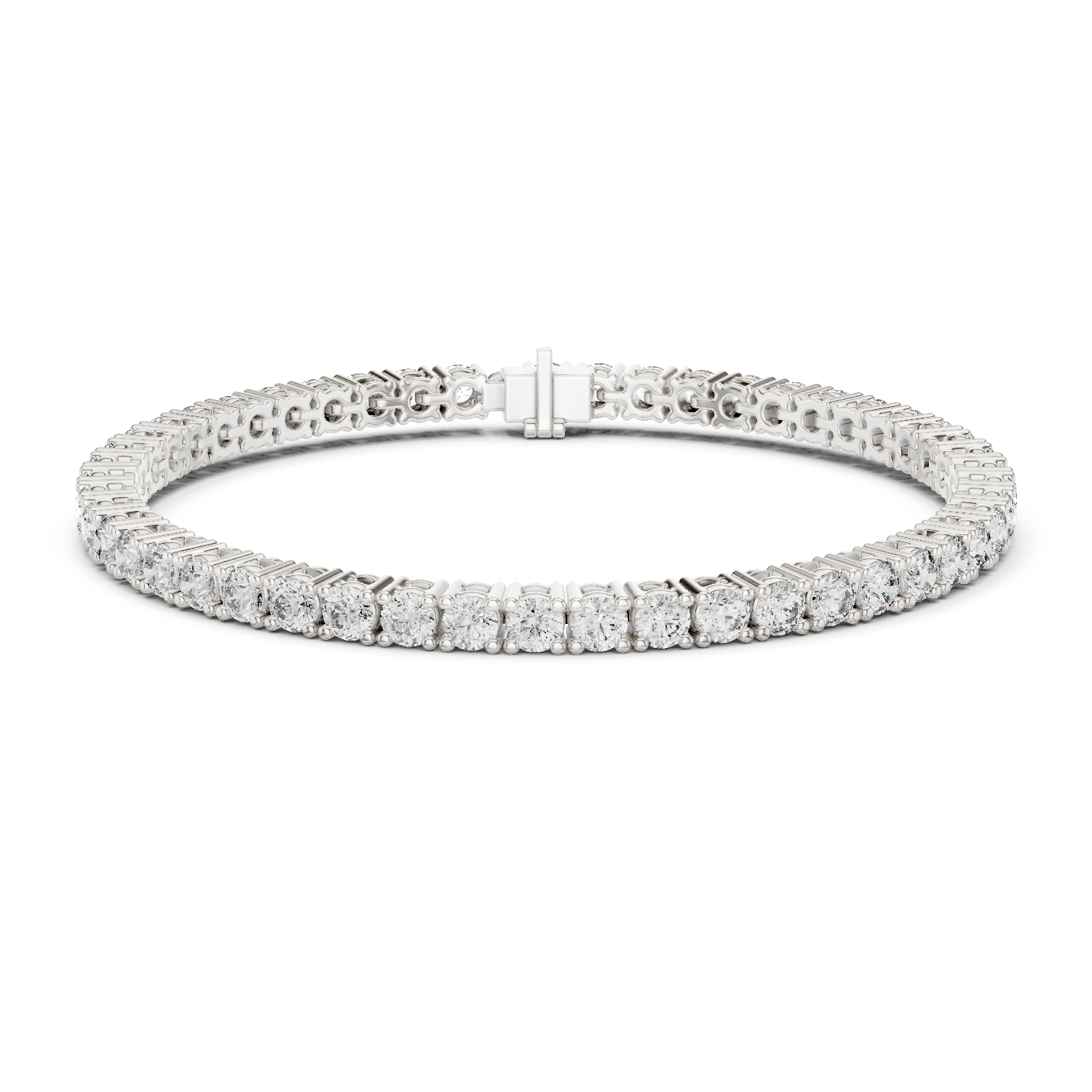 White Gold 6.37 Ct Round Brilliant Moissanite Flexible Tennis Bracelet Front View on Wrist