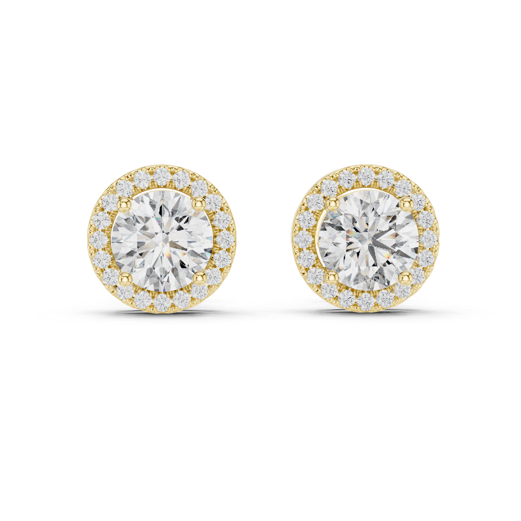 Yellow gold round halo stud earrings front display luxury shine