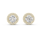 Yellow gold round halo stud earrings front display luxury shine