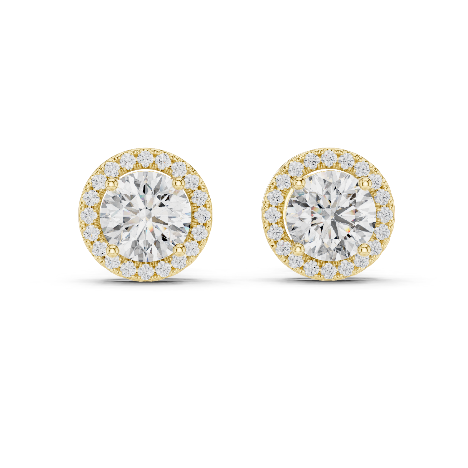 Yellow gold round halo stud earrings front display luxury shine