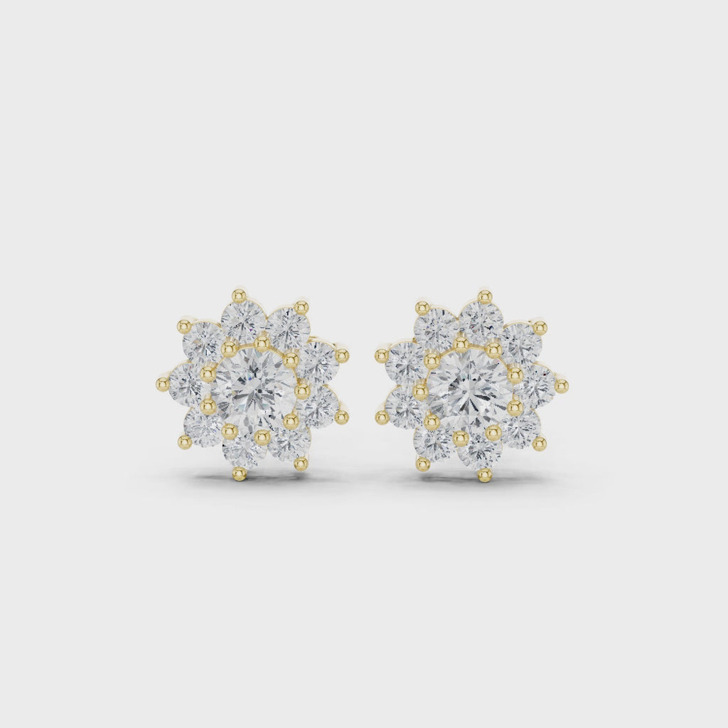 mozow x yellow gold floral halo moissanite earrings 360 degree rotating view