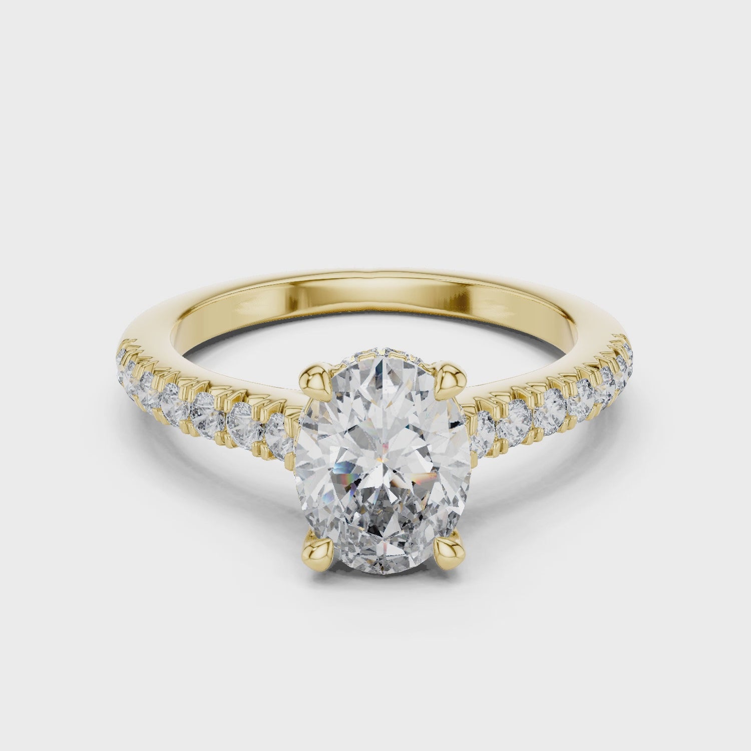 Mozow X oval hidden halo engagement ring in yellow gold 1.97ct moissanite proposal ring