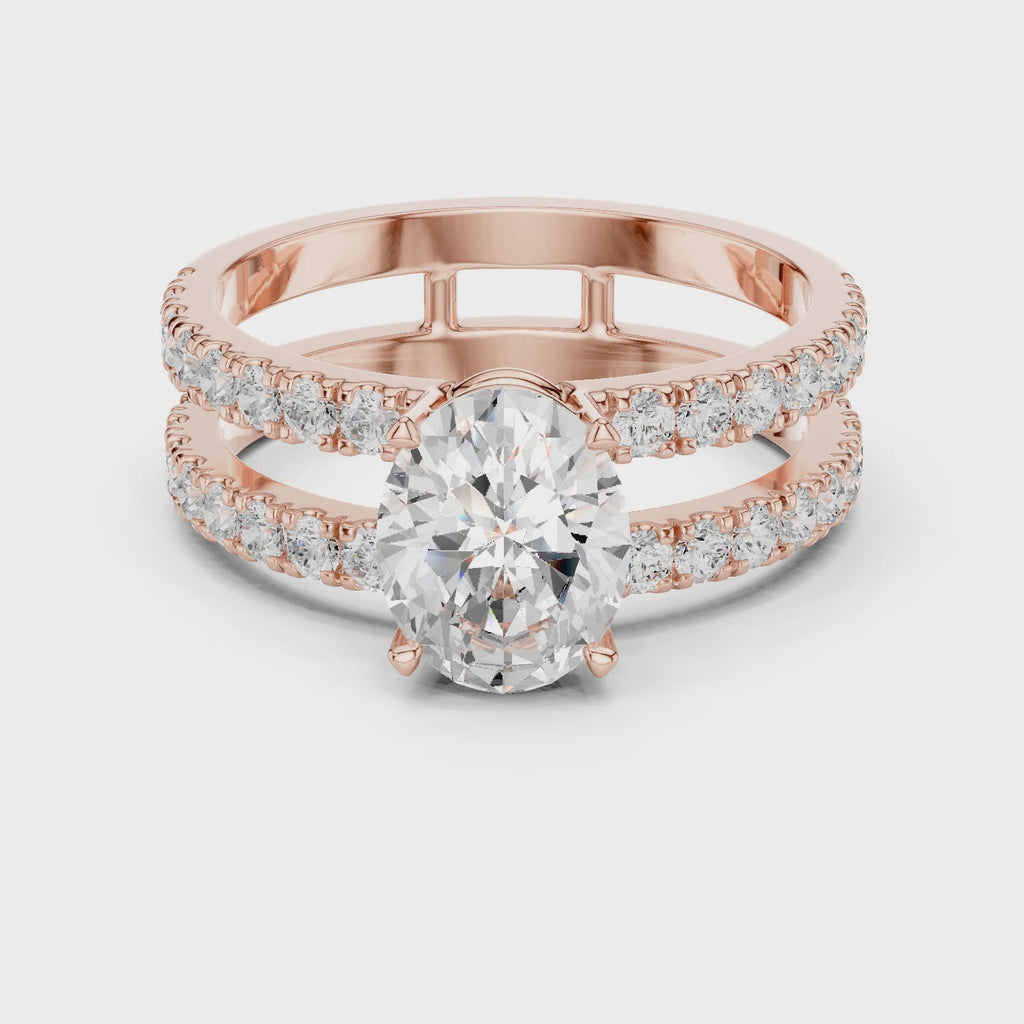 rose gold oval moissanite ring 360 rotation full sparkle view
