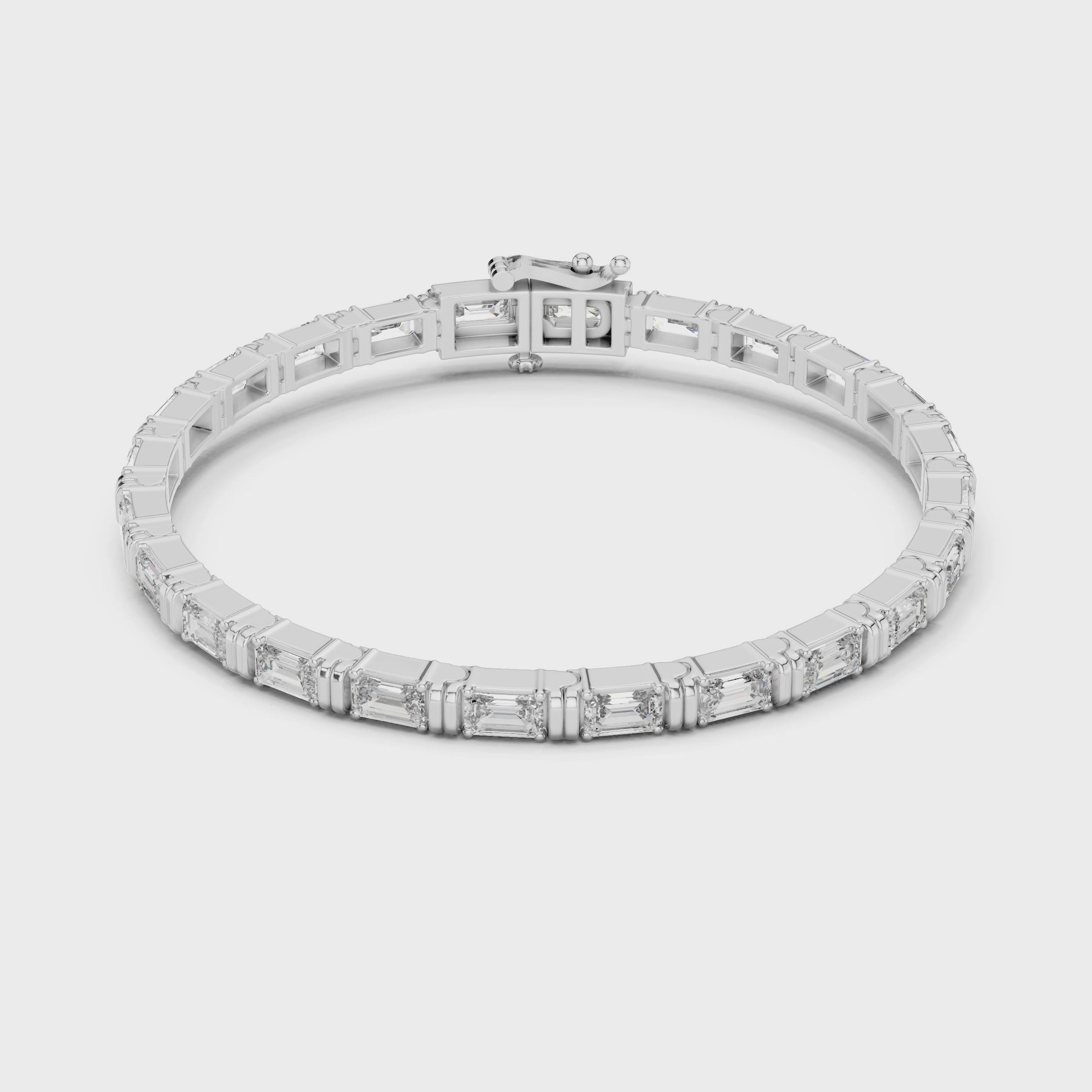 Luxury white gold emerald cut moissanite tennis bracelet 360 degree video view