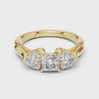 Princess Cut Center and Heart Side Stones Three Stone Moissanite Ring in Yellow Gold – 1.27ct – 360 Degree Rotating View