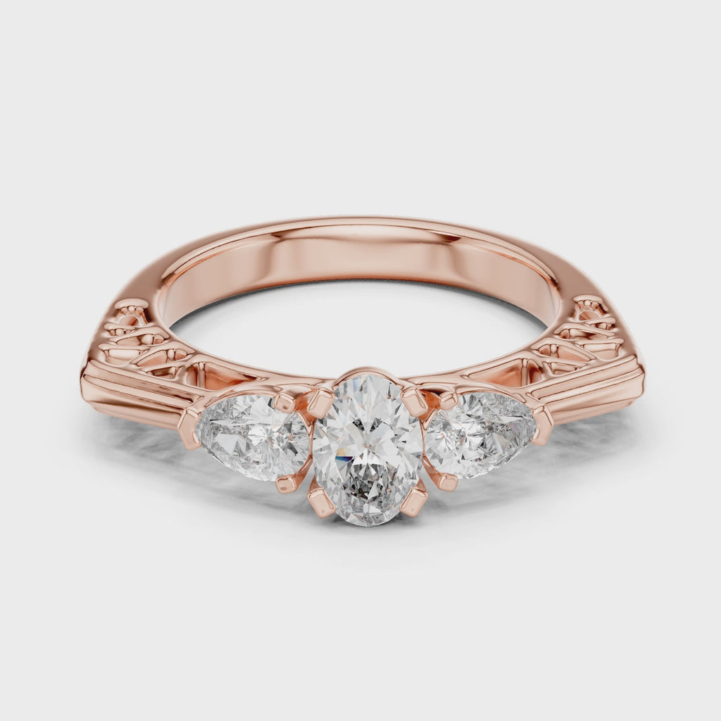 Mozow X 1.00ct Oval Center Pear Side Three Stone Ring in Rose Gold – 360 Degree Product View