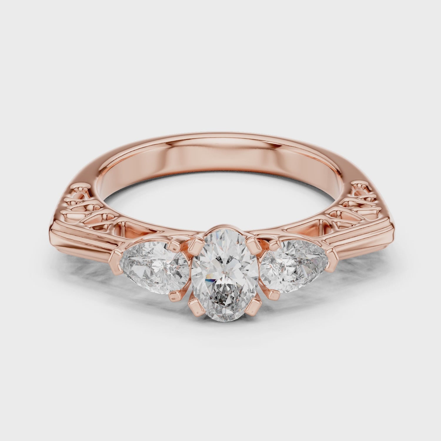 Mozow X 1.00ct Oval Center Pear Side Three Stone Ring in Rose Gold – 360 Degree Product View