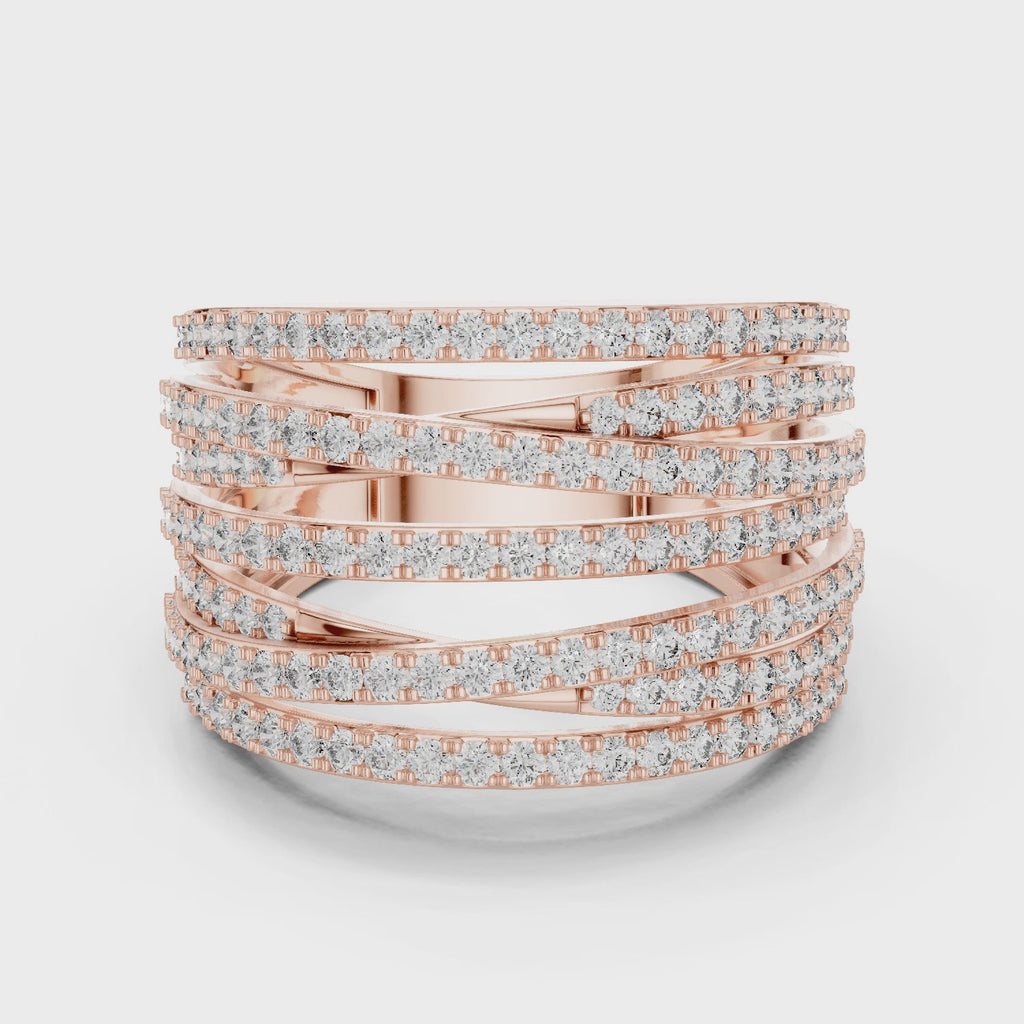 mozow x multi row moissanite statement ring 360 degree rotating view luxury stacked wide band ring with brilliant sparkle rose gold