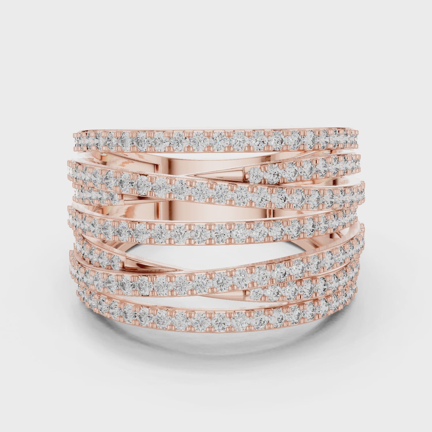 mozow x multi row moissanite statement ring 360 degree rotating view luxury stacked wide band ring with brilliant sparkle rose gold