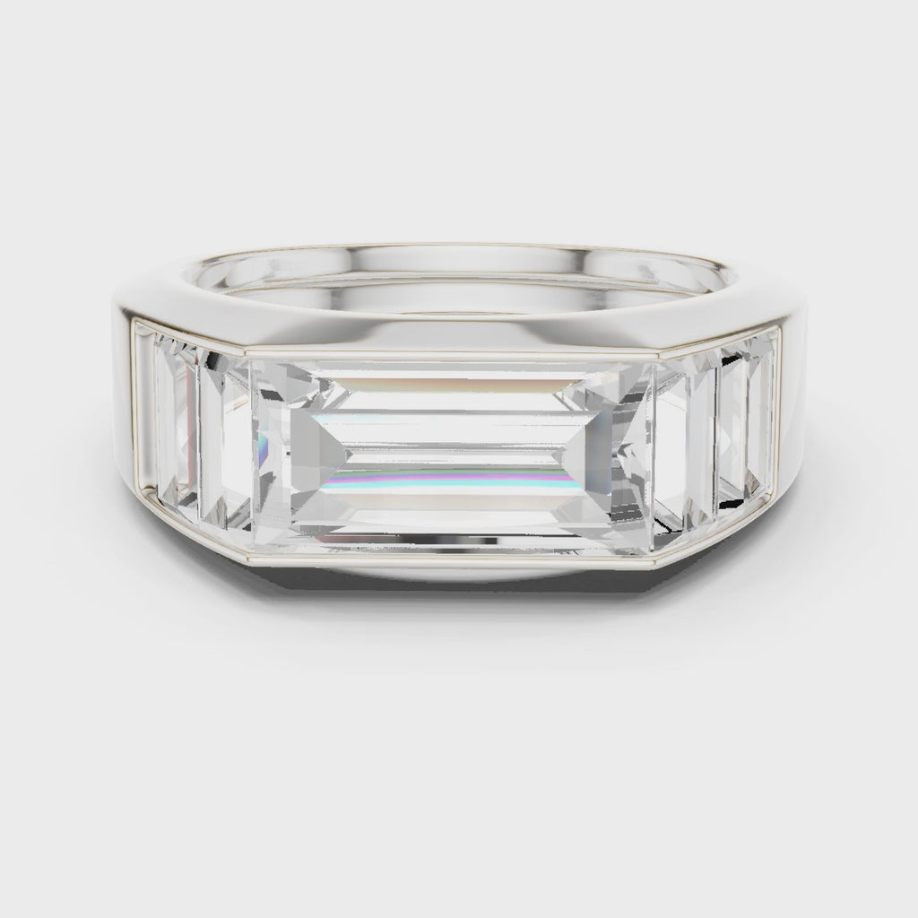 360 degree rotating view of Mozow X BLAZE baguette moissanite men’s ring white gold finish