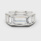 360 degree rotating view of Mozow X BLAZE baguette moissanite men’s ring white gold finish