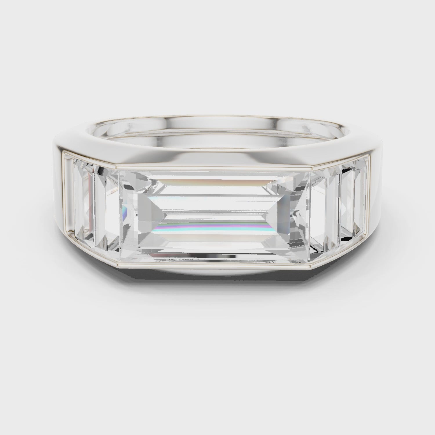 360 degree rotating view of Mozow X BLAZE baguette moissanite men’s ring white gold finish