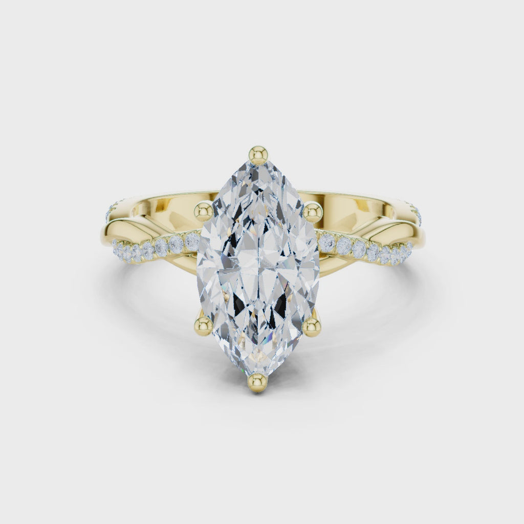 mozow x marquise moissanite twisted pave engagement ring yellow gold 360 rotating jewelry view