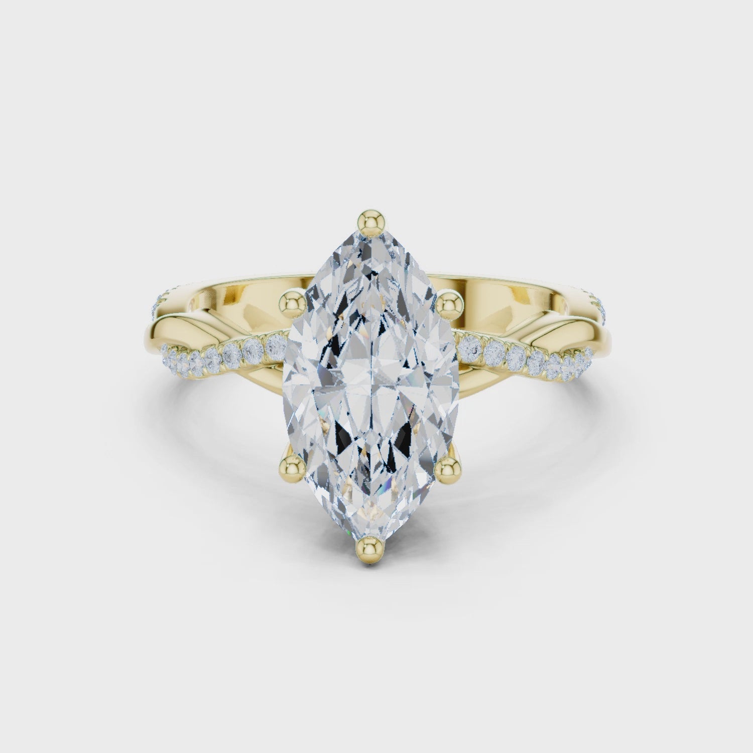 mozow x marquise moissanite twisted pave engagement ring yellow gold 360 rotating jewelry view