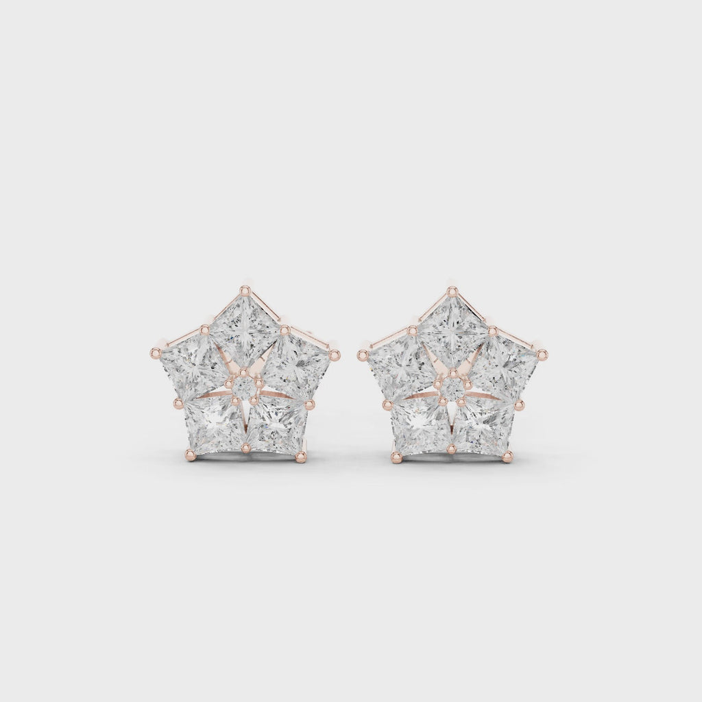 rose gold geometric princess moissanite stud earrings 360 view