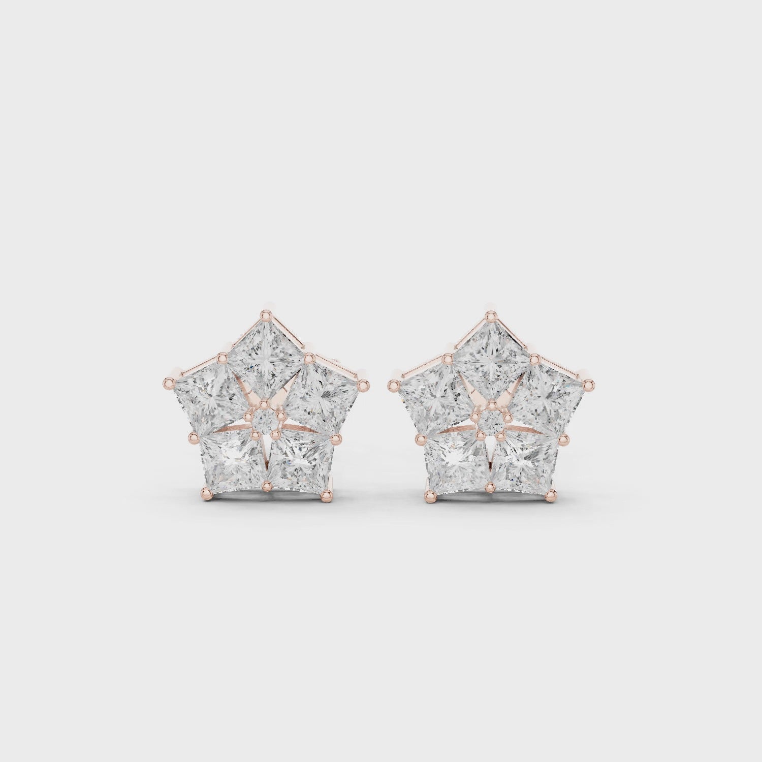 rose gold geometric princess moissanite stud earrings 360 view