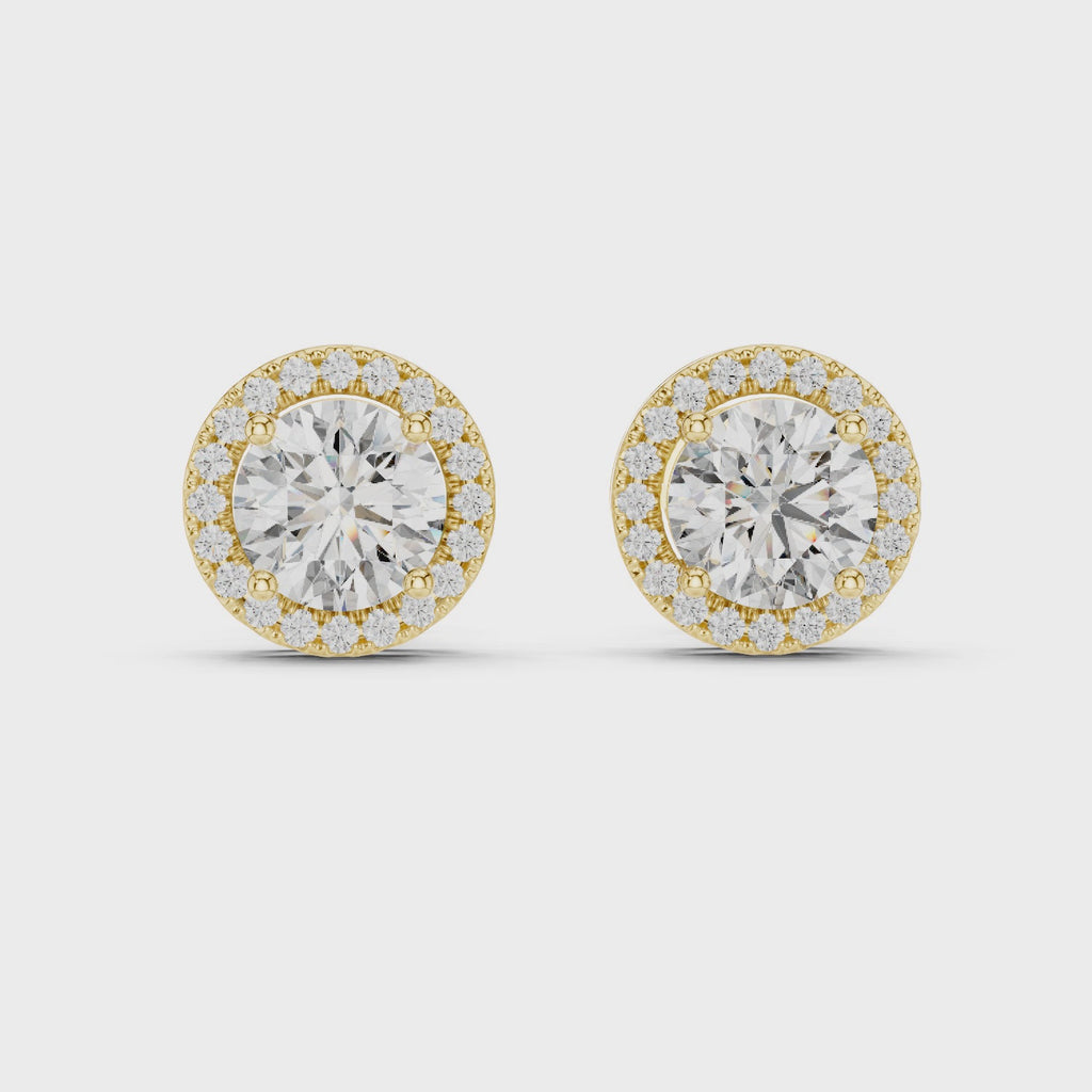 Yellow gold moissanite halo earrings 360 full angle display