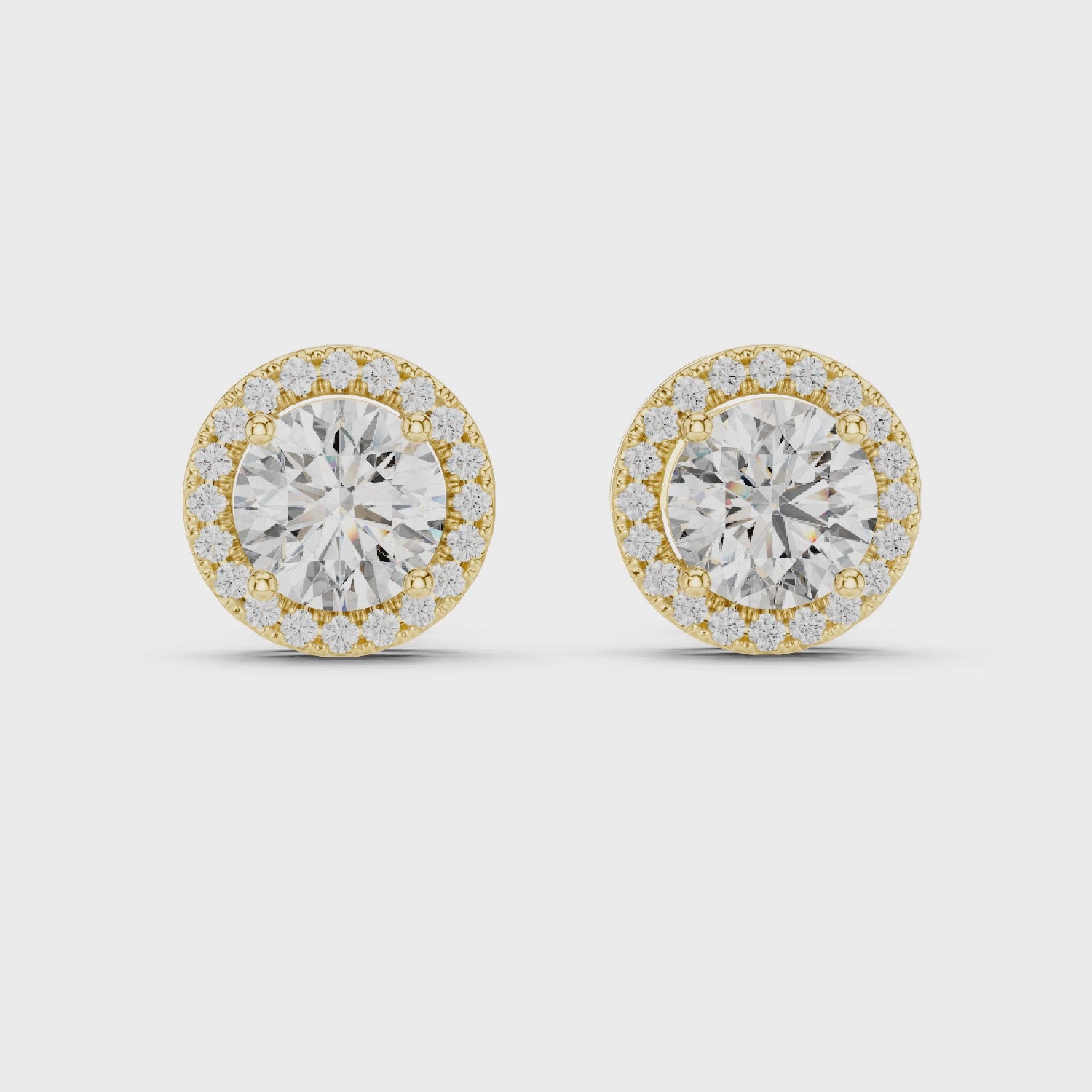 Yellow gold moissanite halo earrings 360 full angle display