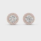 Rose gold halo stud earrings 360 rotation luxury sparkle view
