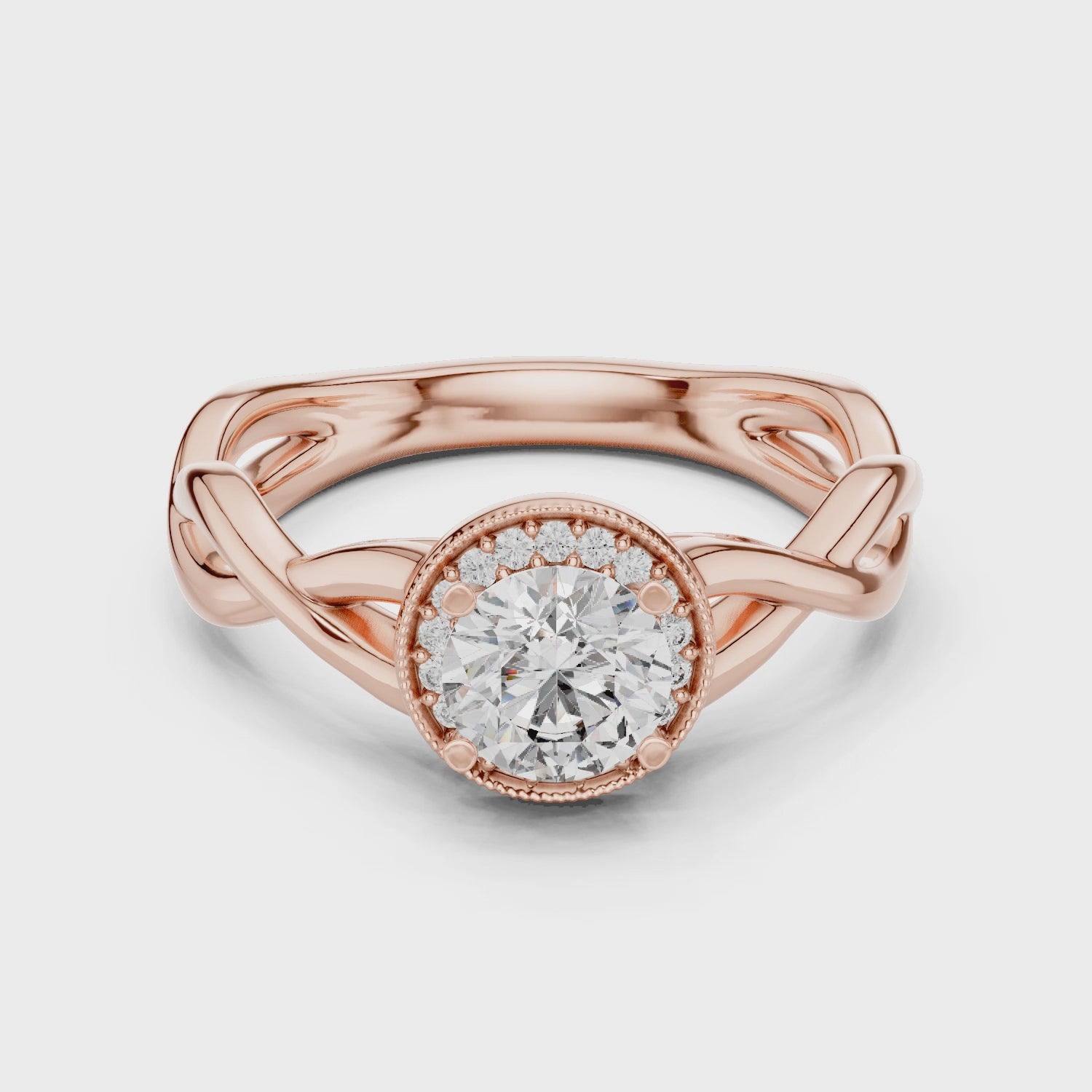 360 view rose gold twisted infinity moissanite halo ring detailed craftsmanship