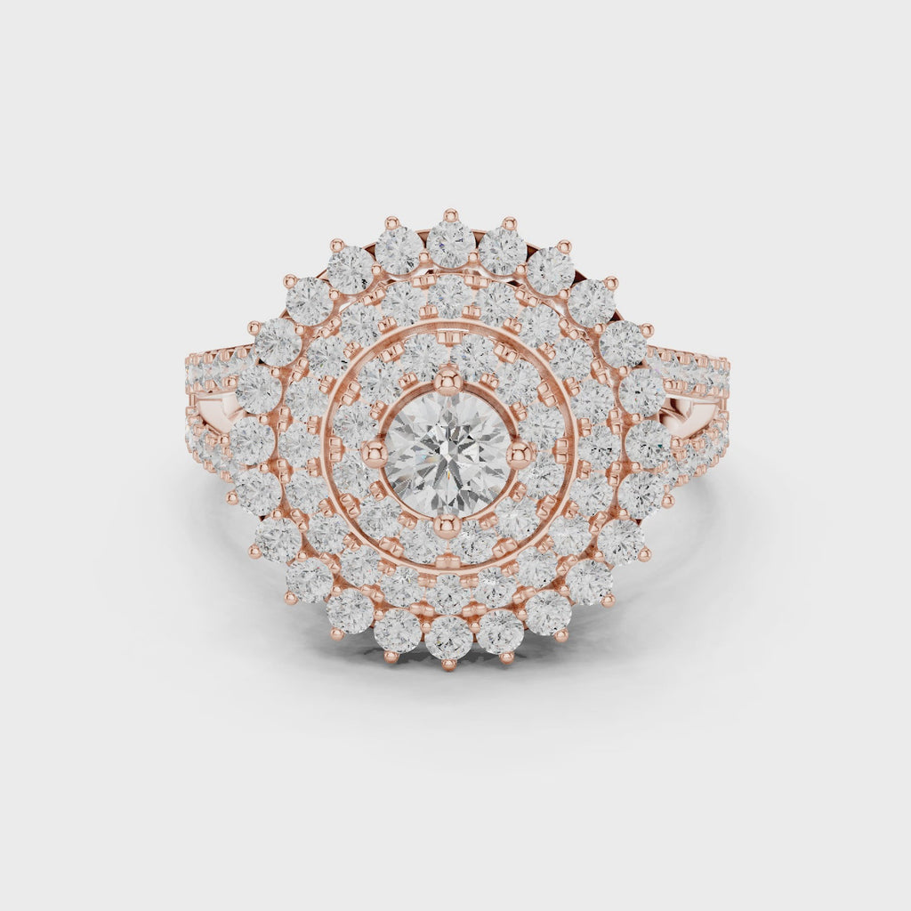 rose gold halo moissanite ring 360 rotation full sparkle view