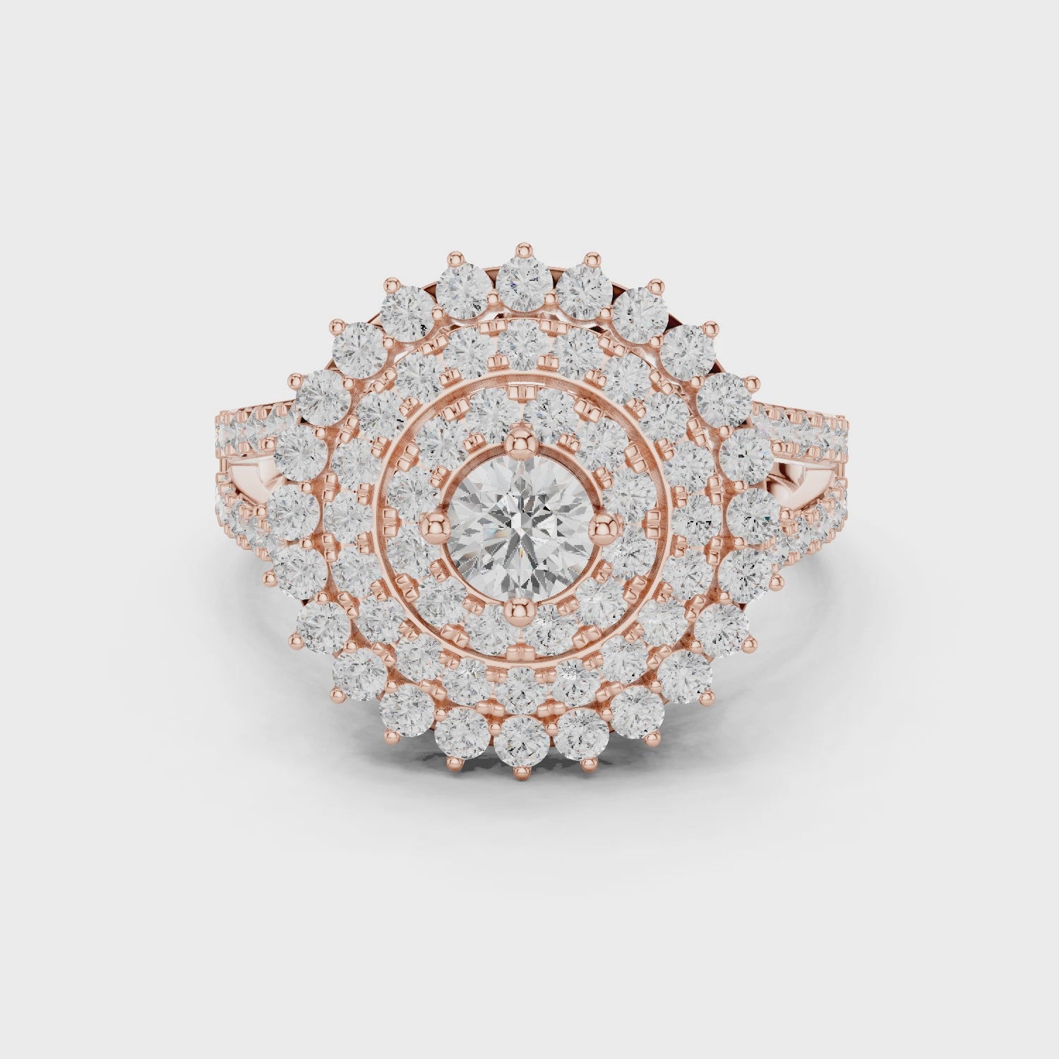 rose gold halo moissanite ring 360 rotation full sparkle view