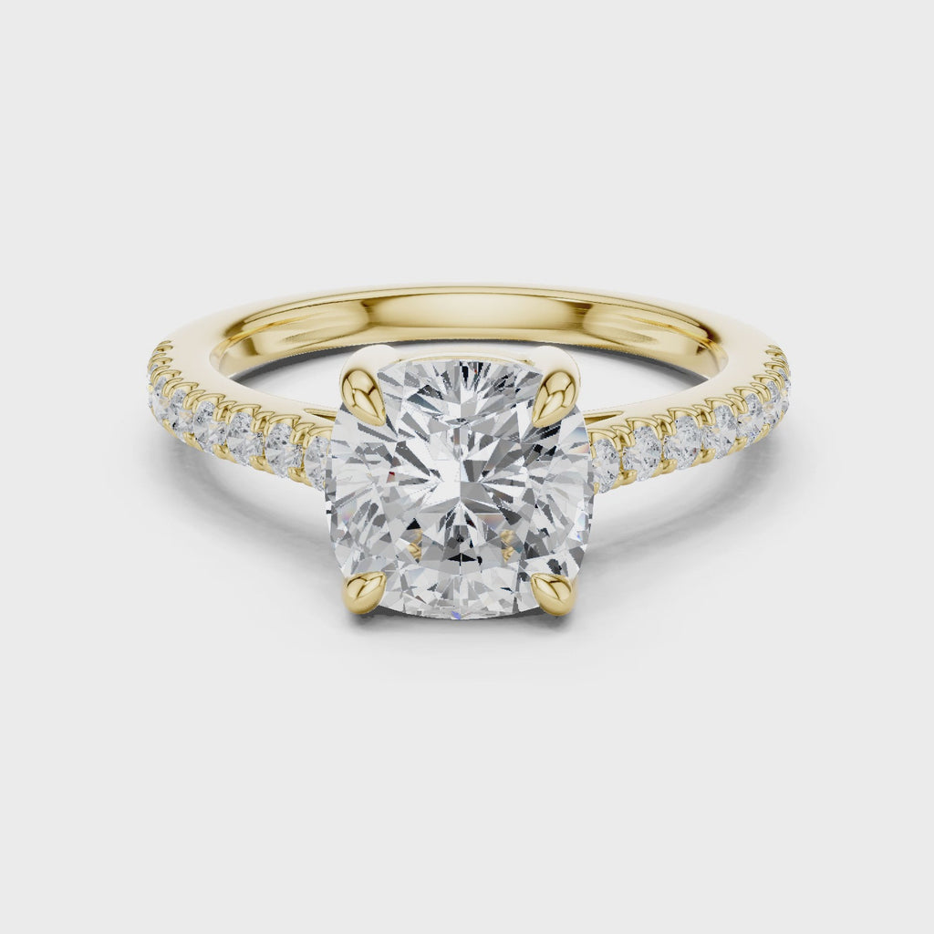Yellow Gold 360 rotating view cushion cut solitaire pavé band ring

