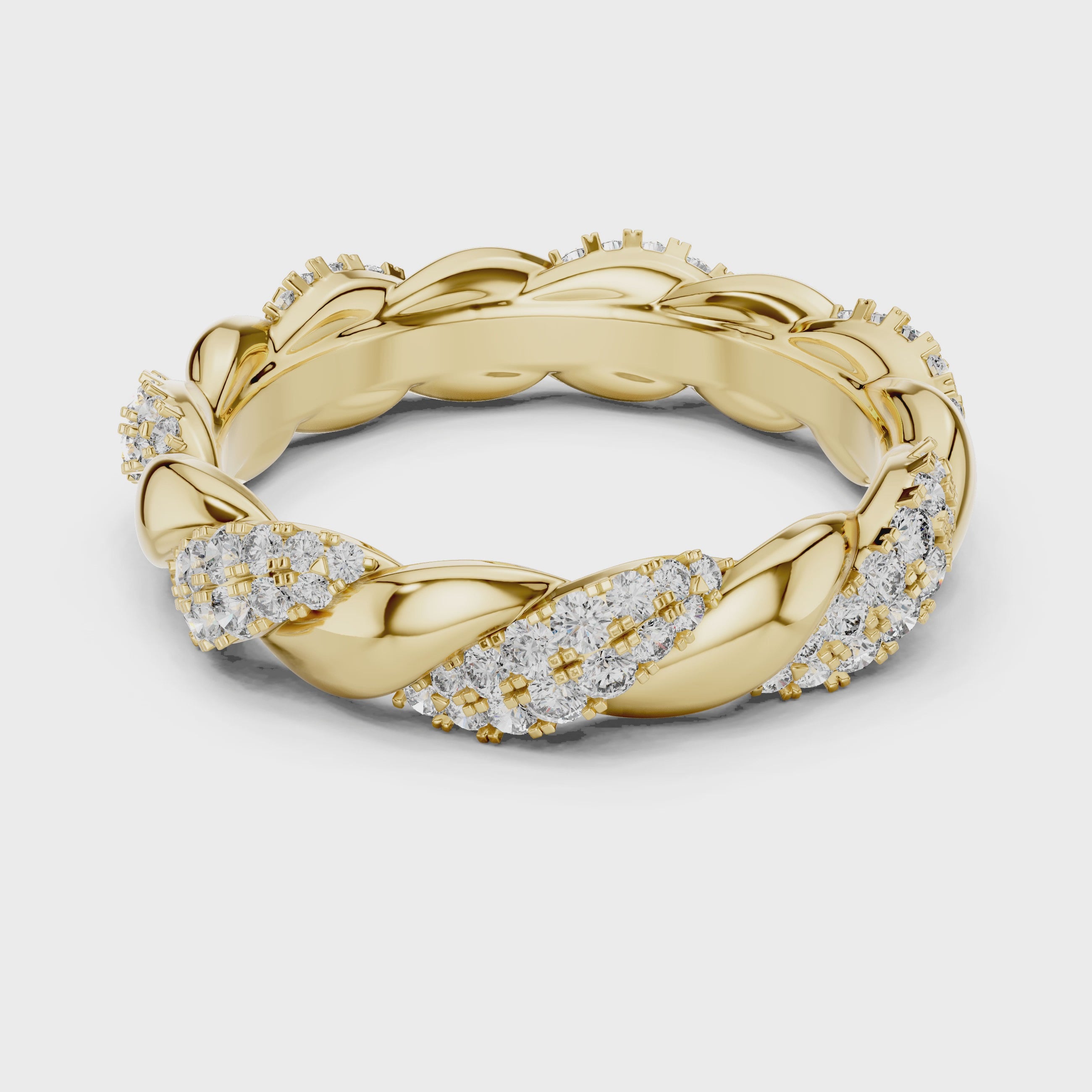 mozow x twisted moissanite eternity ring yellow gold 360 rotating jewelry showcase