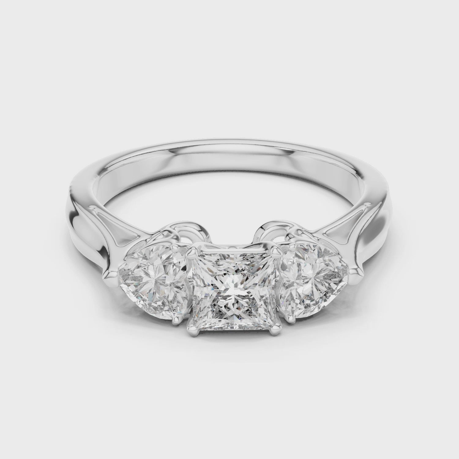 Princess Cut Center with Heart Side Stones Three Stone Ring in White Gold – 1.27ct – 360 Degree Rotation