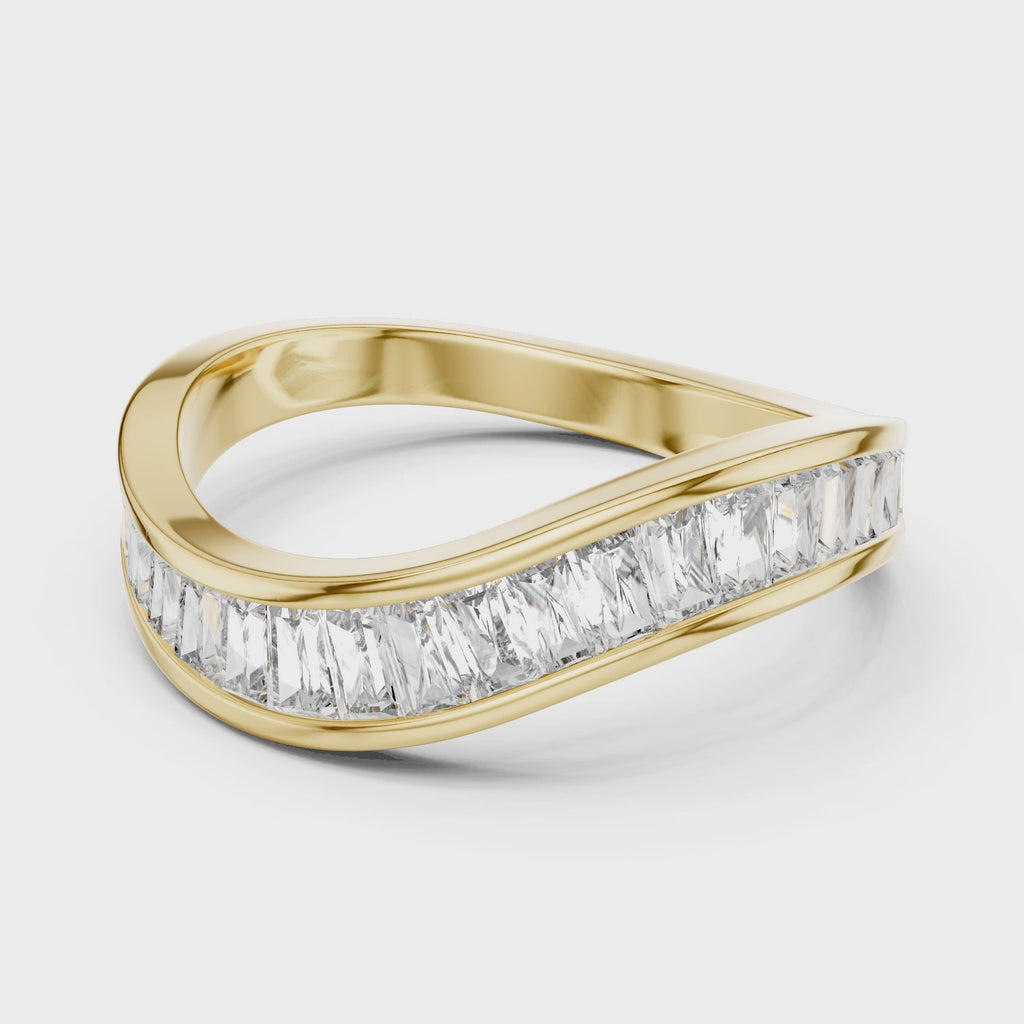 mozow x curved baguette moissanite band ring 360 degree rotating view channel set designer ring in Yellow gold luxury jewellery