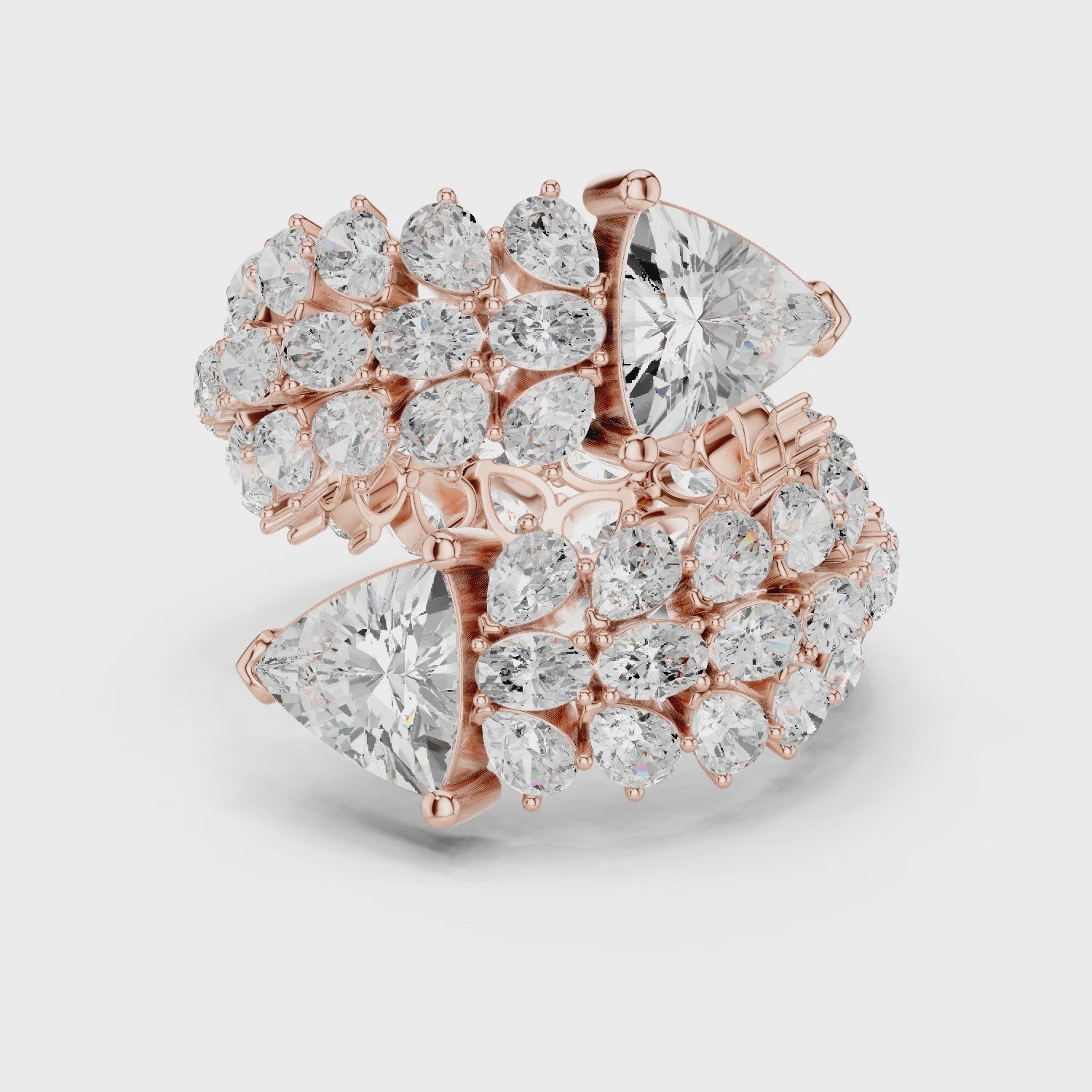 rose gold designer cluster ring 360 rotation full sparkle view