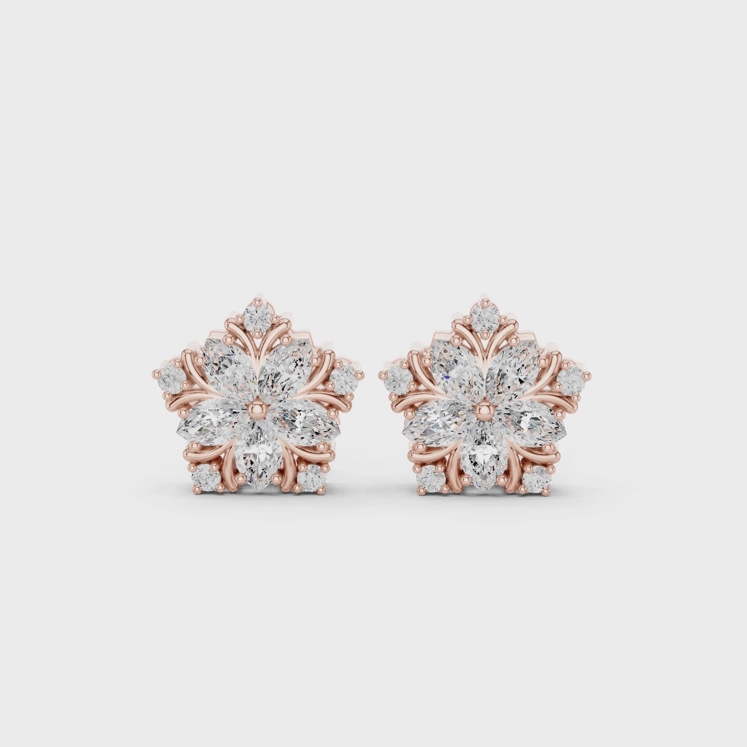 rose gold marquise cluster moissanite earrings 360 jewelry video
