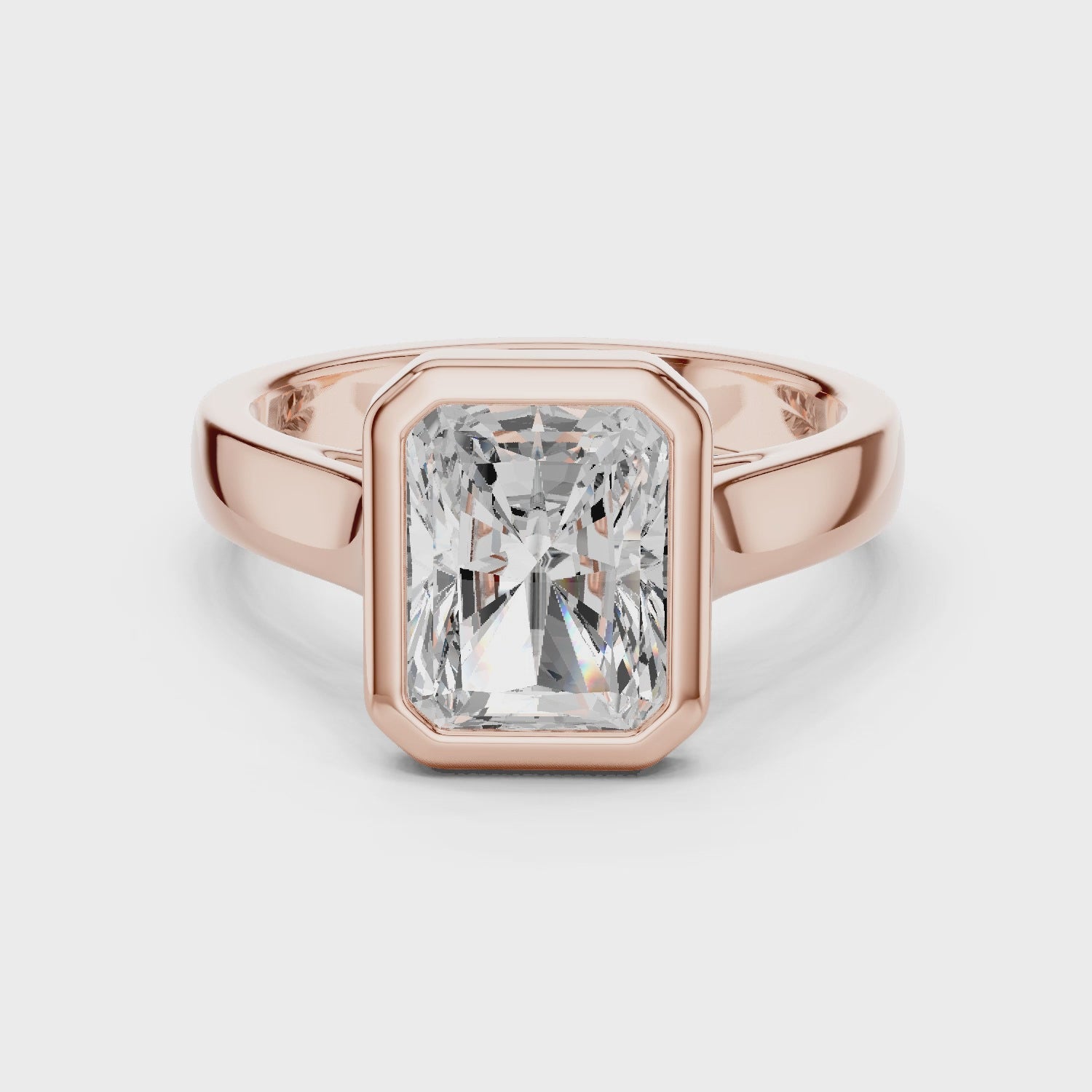 Complete 360 view of rose gold radiant cut men’s luxury ring with bold masculine shape