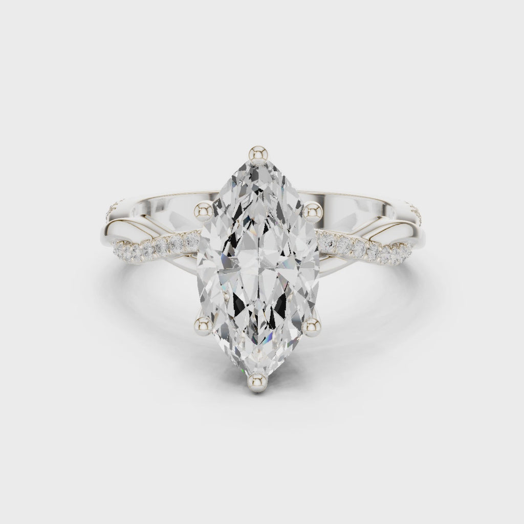 mozow x marquise moissanite twisted pave engagement ring white gold 360 degree rotating view