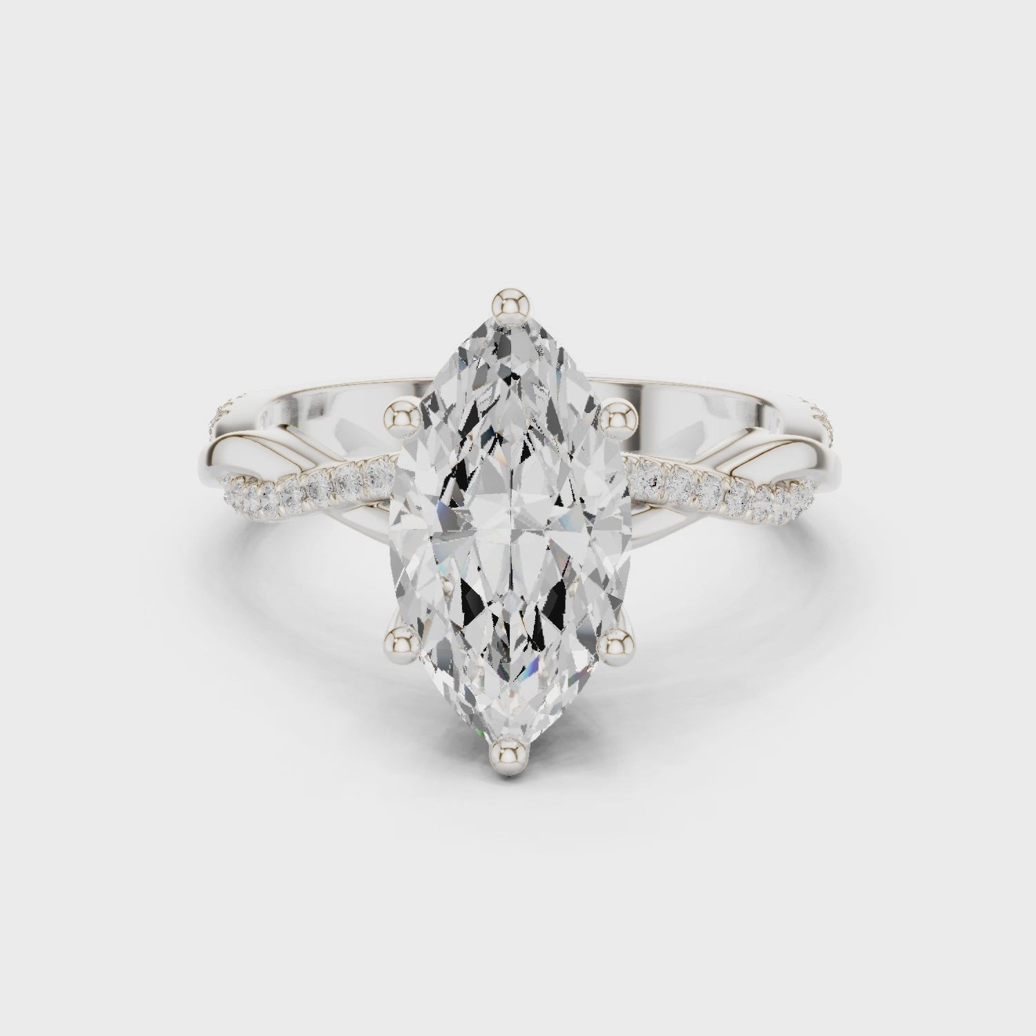 mozow x marquise moissanite twisted pave engagement ring white gold 360 degree rotating view