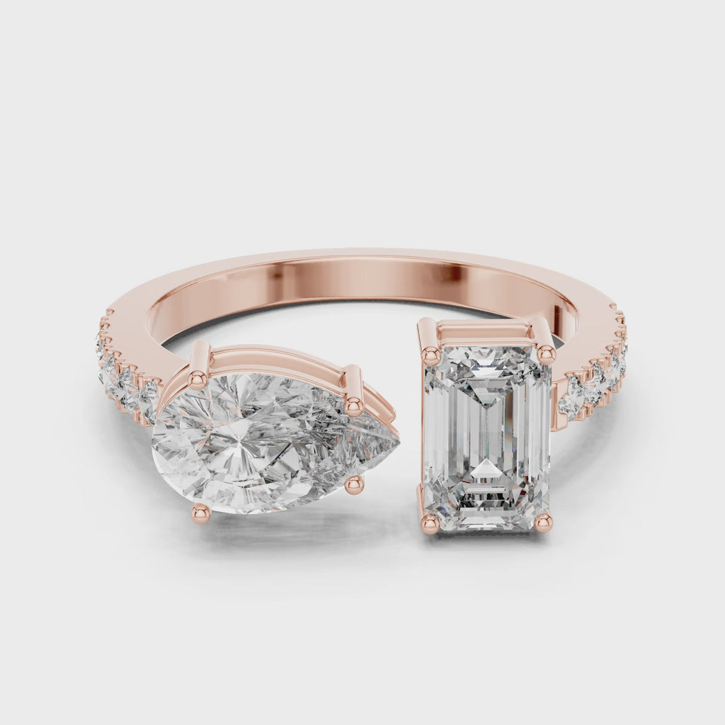 Mozow X 2.10ct Emerald Pear Toi et Moi Ring in Rose Gold – 360 Degree Product View