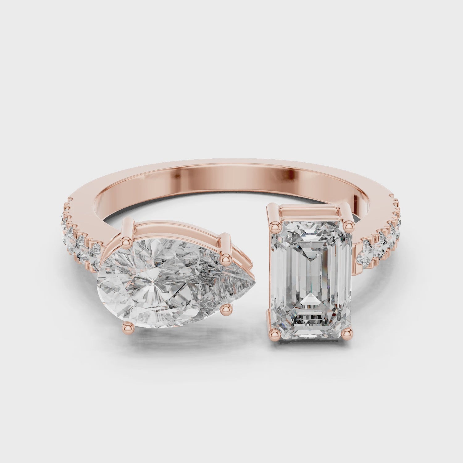Mozow X 2.10ct Emerald Pear Toi et Moi Ring in Rose Gold – 360 Degree Product View