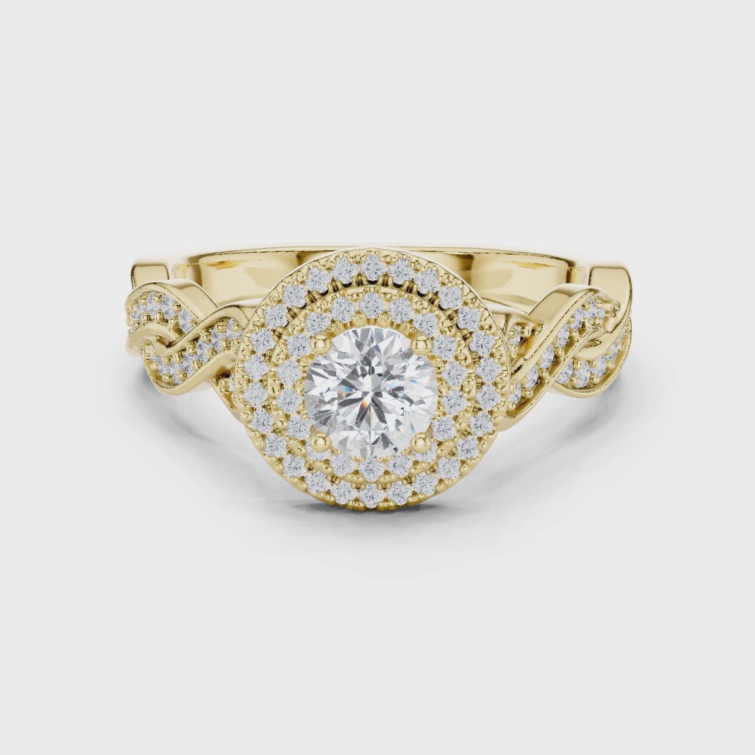 Yellow gold double halo bridal ring full rotation video
