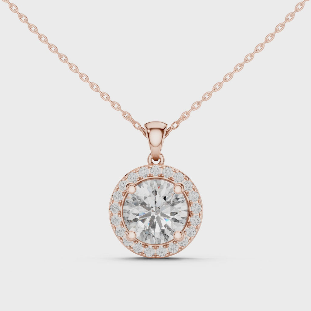 Rose gold round brilliant halo pendant 360 spin display