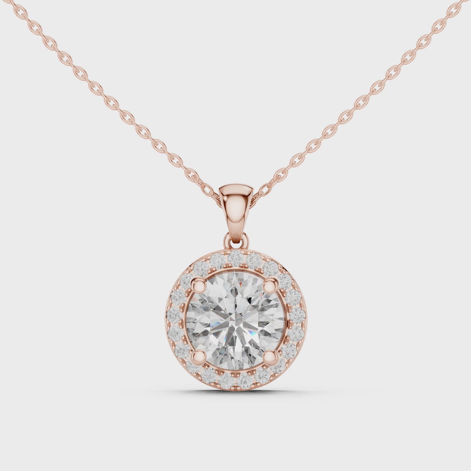 Rose gold round brilliant halo pendant 360 spin display