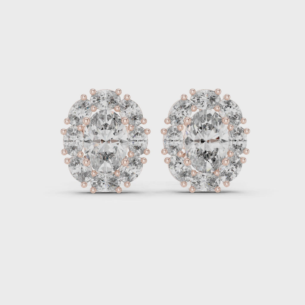 360 degree rotating rose gold oval halo moissanite stud earrings
