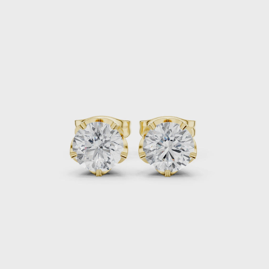 yellow gold lotus solitaire moissanite stud earrings 360 product view
