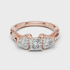 Rose Gold Princess Cut and Heart Side Stones Three Stone Moissanite Ring – 1.27ct – 360° View