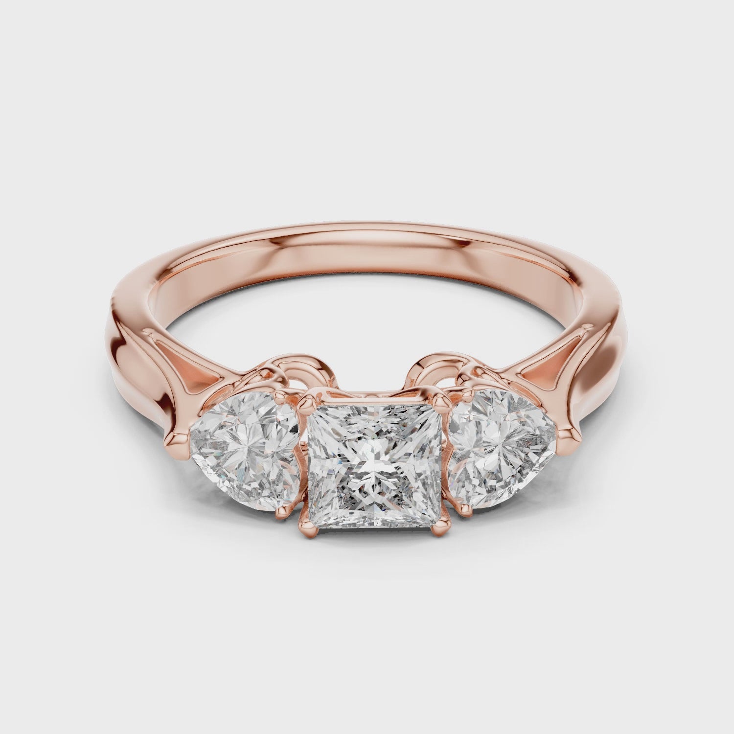 Rose Gold Princess Cut and Heart Side Stones Three Stone Moissanite Ring – 1.27ct – 360° View