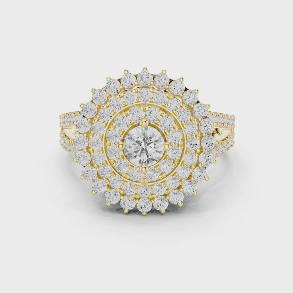 yellow gold halo moissanite ring 360 spin full brilliance
