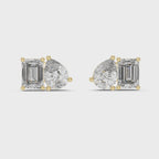 360 degree view of yellow gold emerald and pear moissanite stud earrings
